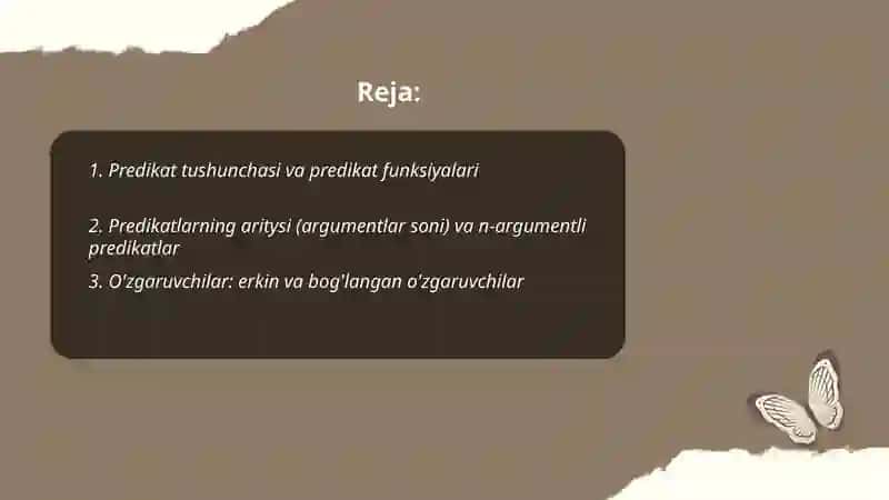Predikatlar va ular ustida amallar. Kvantorlar 2