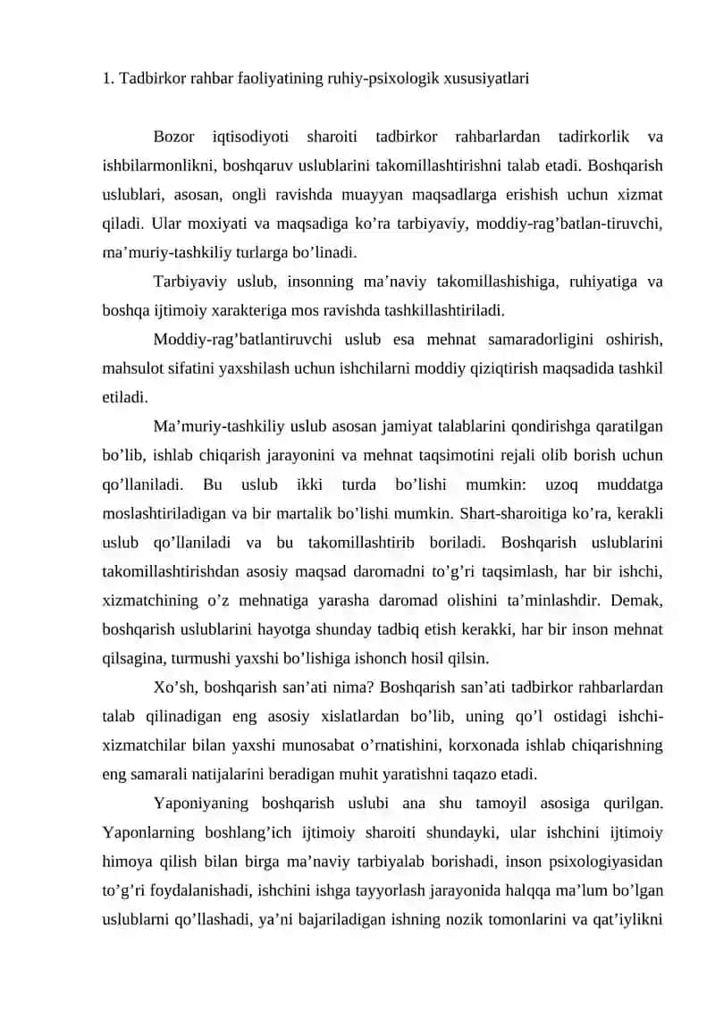 Kichik biznes va tadbirkorlik faoliyatini boshqarish psixologiyasi 2