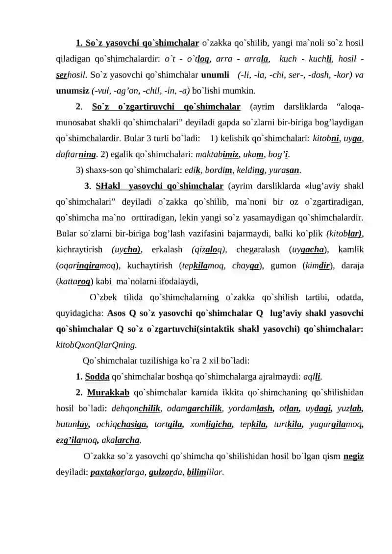 Grammatika, morfologiyaga kirish. Morfemika, so‘z yasalish usullari; so‘zlarning tuzilish jihatdan turlari 2
