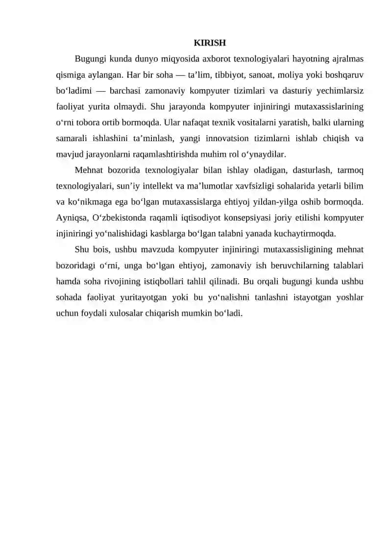 KOMPYUTER INJINIRINGI MUTAXASSISLIGINING MEHNAT BOZORIDAGI O'RNI 2