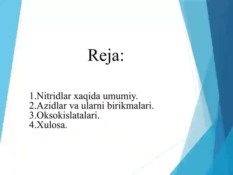 "Nitridlar, Gidrazin, Gidroksilamin, Azid kislotasi,  ularning xossalari, azotning oksokislatalari." 2