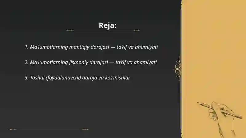 Ma’lumotlarning mantiqiy va jismoniy darajalari. 2