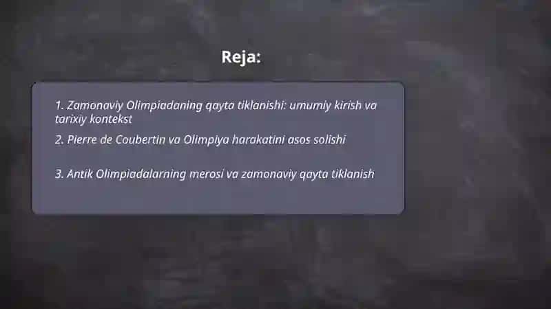Zamonaviy Olimpiya oʻyinlarining qayta tiklanishi tarixiy sharx 2