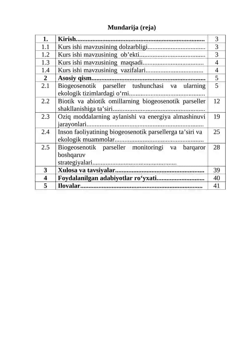 "Biogeosenotik parsellalar" mavzusida tayyorlangan KURS ISHI 2