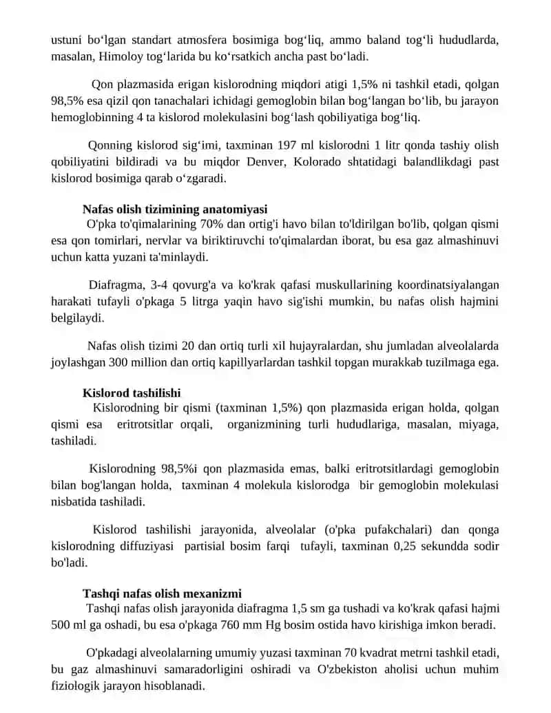 Nafas olish sistemasi fiziologiyasi gazlar transporti nafasning boshqarilishi 2