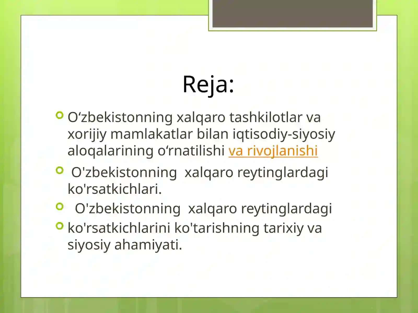 O'zbekistonning xalqaro reytinglardagi ko'rsatkichlarining ko'tarishning tarixiy va siyosiyahamiyati 2