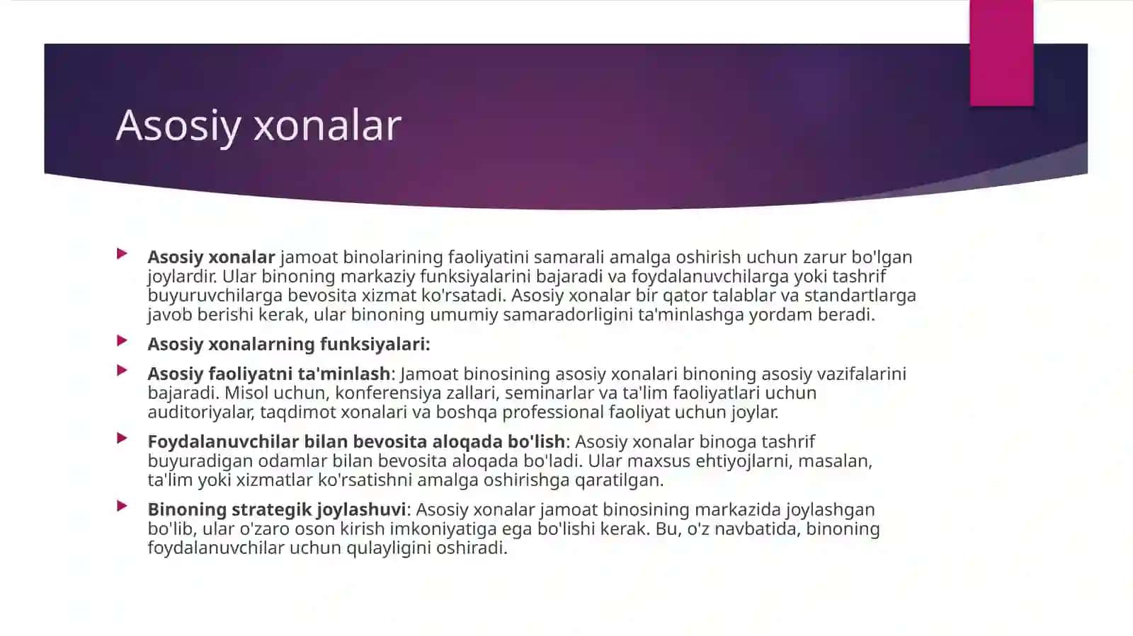 Jamoat binolarining asosiy, yordamchi, xizmat ko'rsatuvchi va kommunikatsion xonalari 2