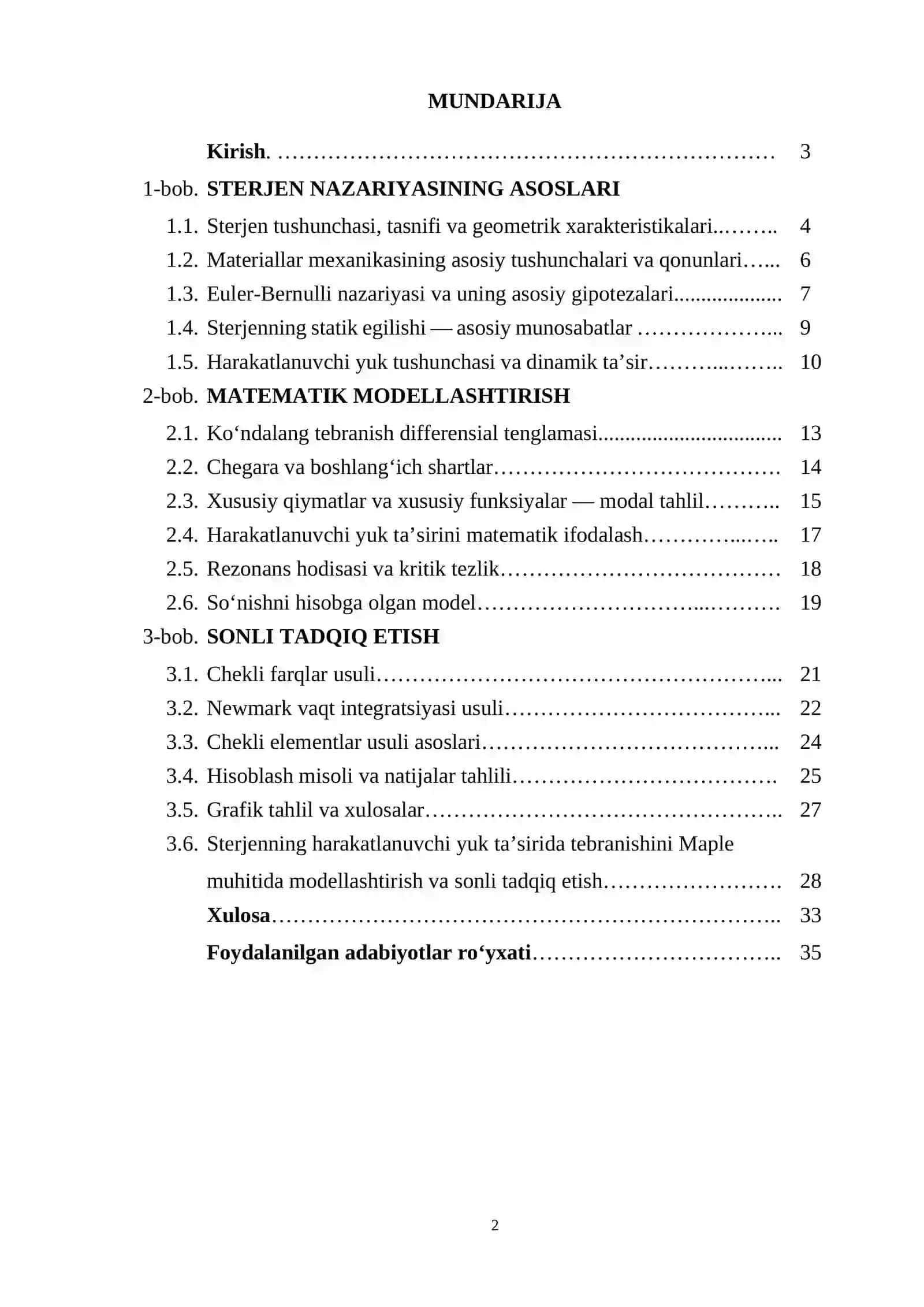 Sterjenning harakatlanuvchi yuk ta’sirida tebranishi matematik modellashtirish va sonli tadqiq etish 2