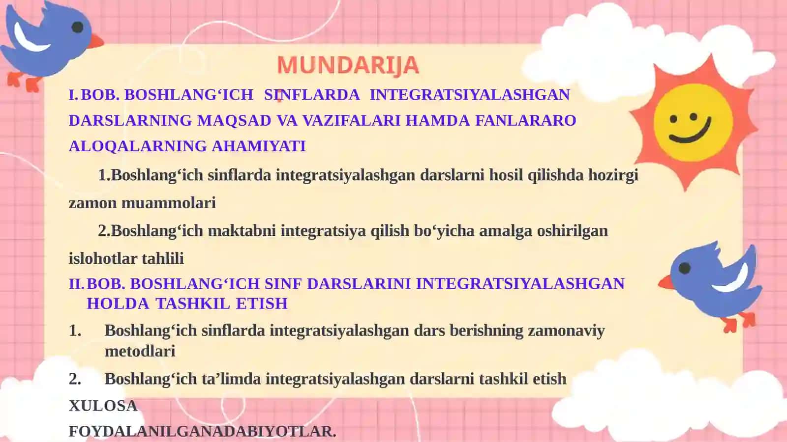 BOB.BOSHLANG‘ICHSINFLARDA INTEGRATSIYALASH GANDARSLARINI TASHKILETISHNING PEDAGOGIK SHARTLARI 2
