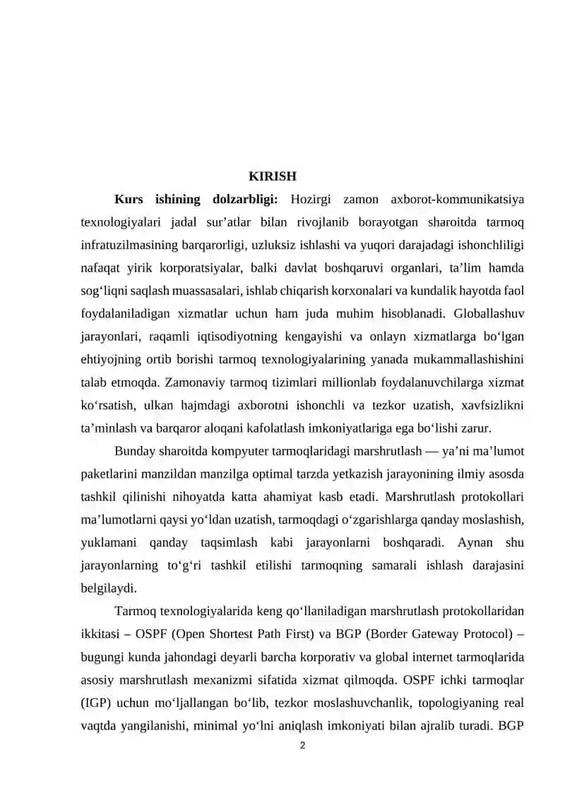 KI20 Marshrutlash protokollari: OSPF va BGP asosida tarmoqni modellashtirish va samaradorlikni tahlil qilish 2