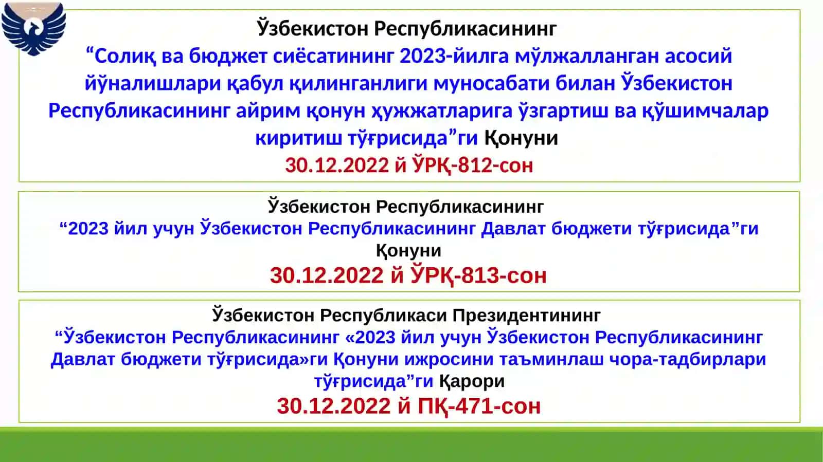 2023 йил учун Ўзбекистон Республикасининг Давлат бюджети тўғрисида 2