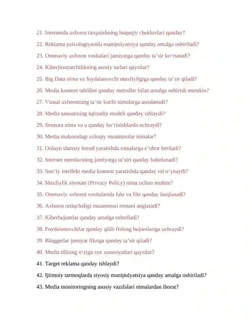 Mediasavodxonlik va Axborot Madaniyati Fanidan Mavzular 2