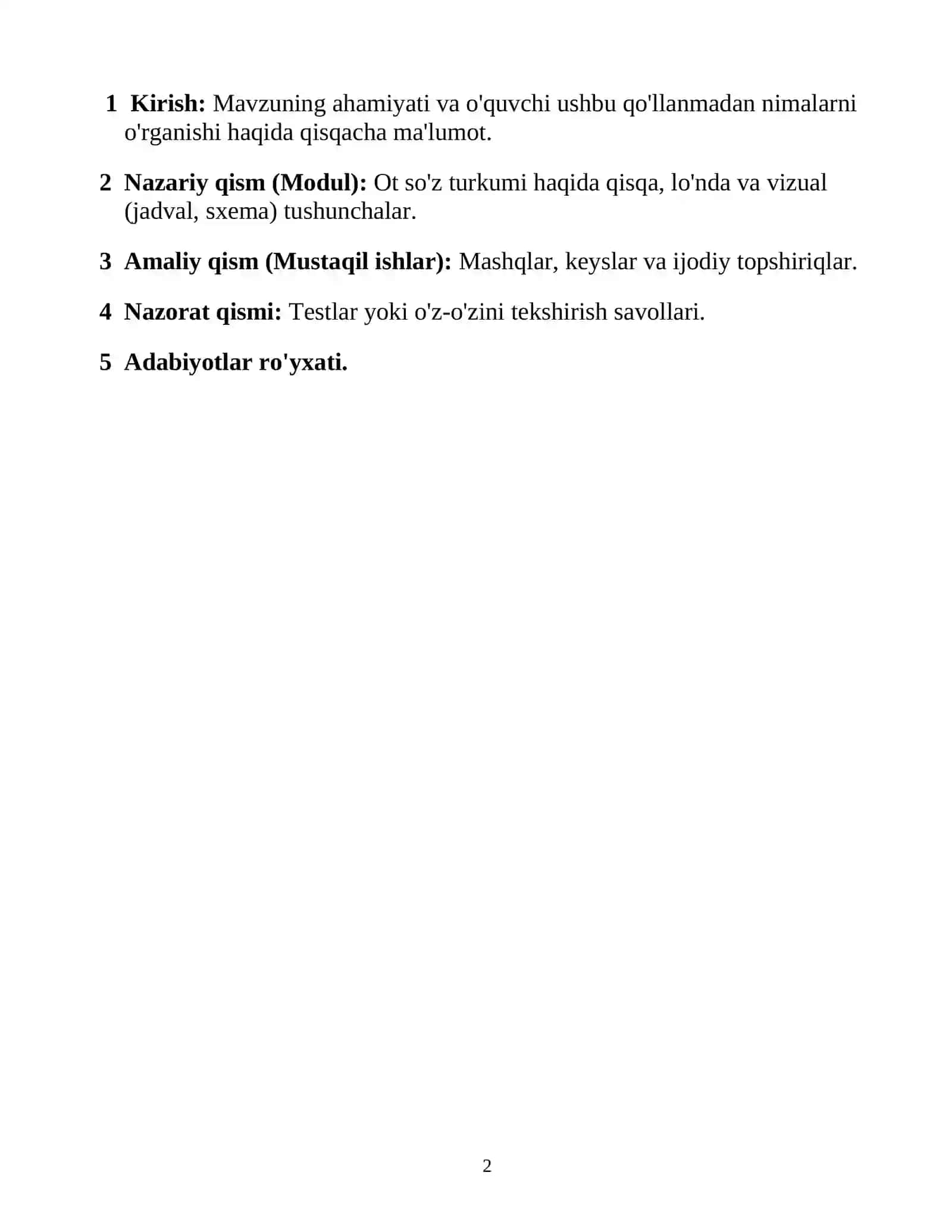 OT SO’Z TURKUMINI QO’LLANILADIGAN MUSTAQIL ISHLARNI ISHLAB CHIQISH 2