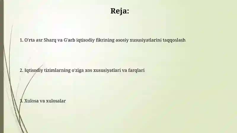 O'rta asr Sharq va G'arb iqtisodiy tafakkurining asosiy xususiyatlarini solishtirib tahlil va xulosa 2