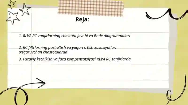 RLVA RC zanjirlarni ozgaruvchan chastotalarda qollanilishi 2
