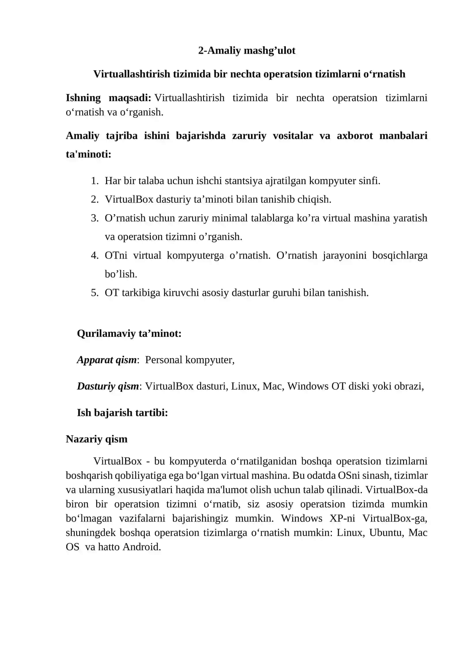 AMALIY ISH: Operatsion tizimlar 2