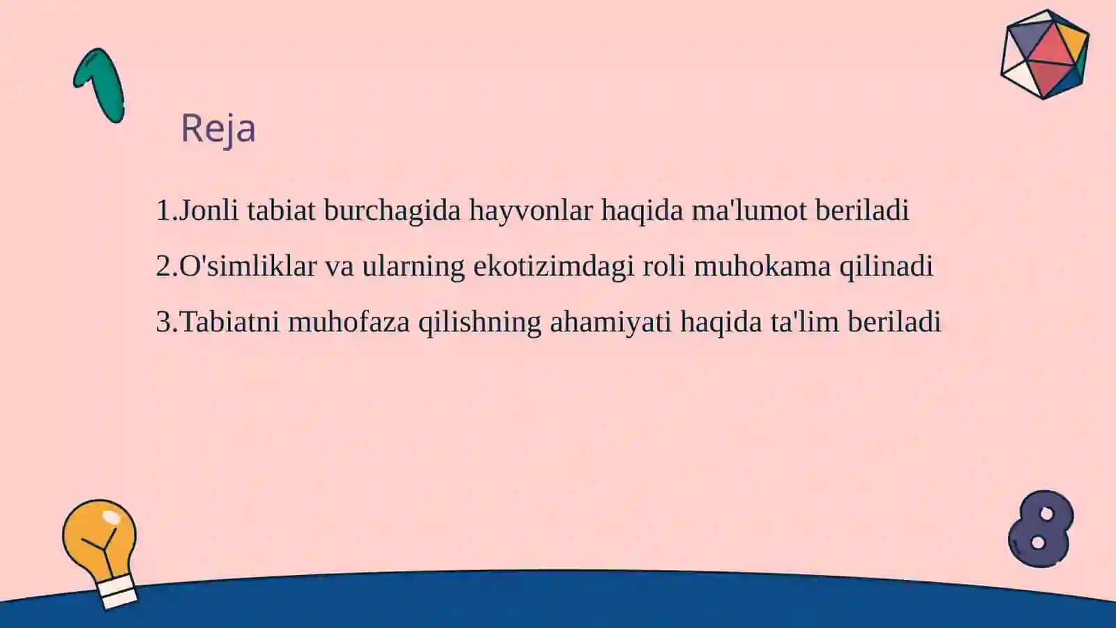 Jonli tabiat burchagida oʻtkaziladigan biror mavzuga bir soatlik dars ishlanma yozish 2