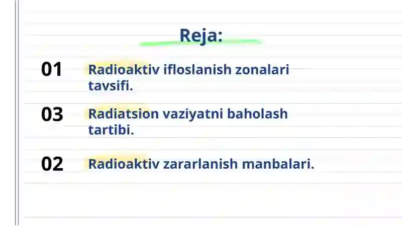 FAVQULOTDA VAZIYATNI BAHOLASH. RADIATSION HOLAT. RADIOAKTIV ZARARLANISH MANBAALARI. ZONALAR TAVSIFI 2