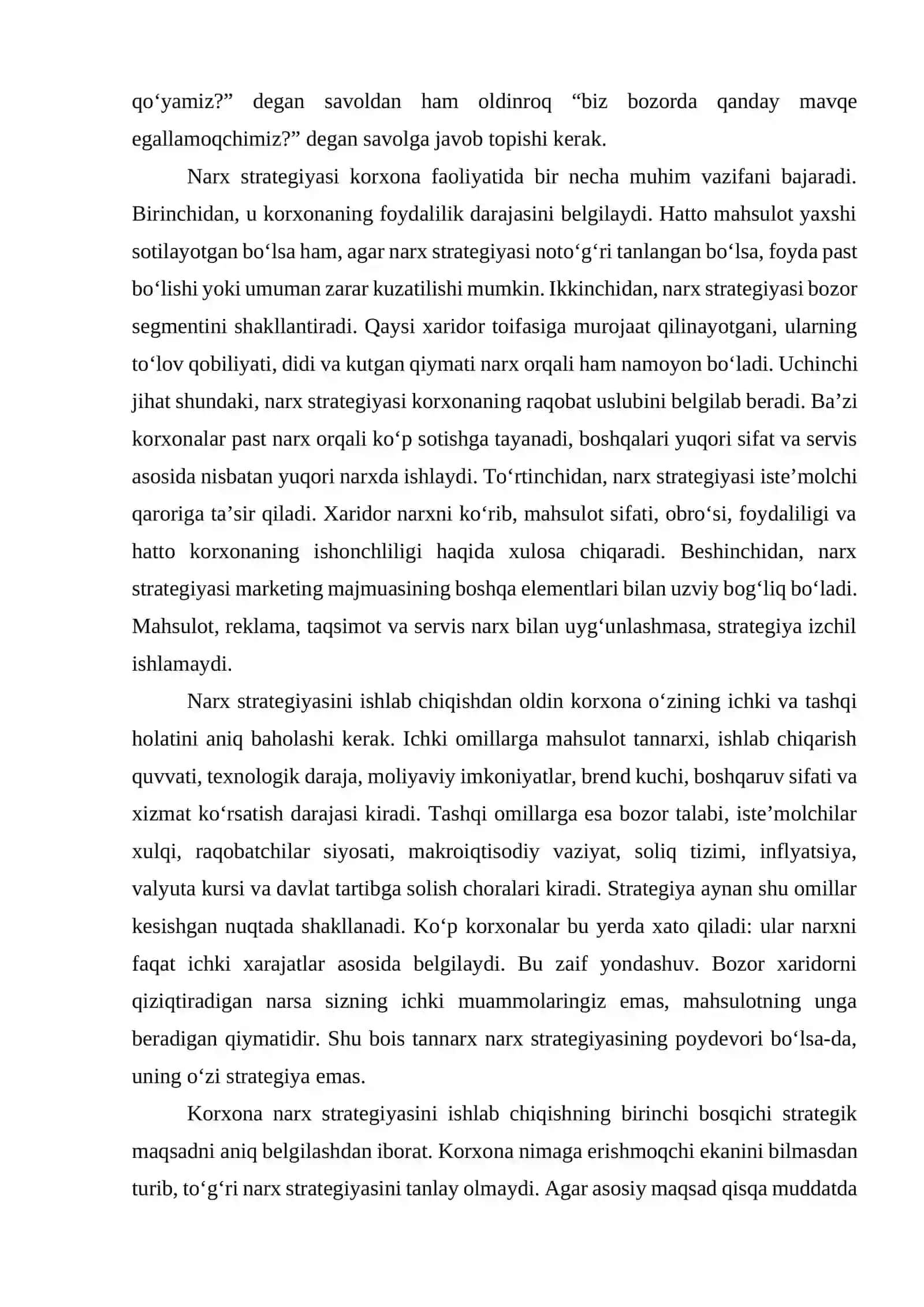 Korxona narx strategiyasini ishlab chiqish va uni amalga oshirish 2