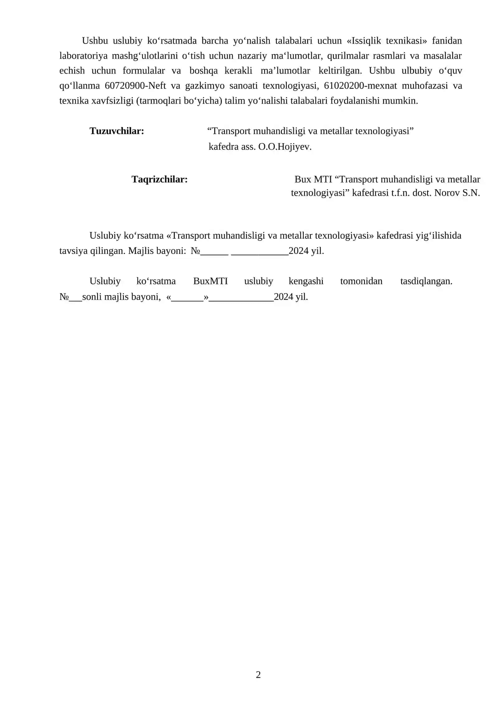 Issiqlik texnikasi fanidan laboratoriya mashg‘ulotlari 2