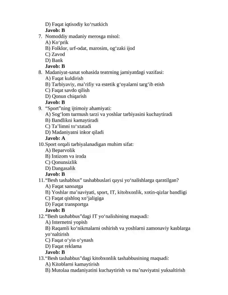 Oʻzbekistonning eng yangi tarixi 7-test 2