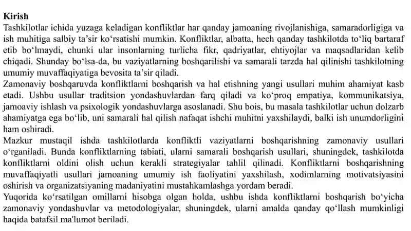 Tashkilotda konfliktli vaziyatlarni boshqarishning zamonaviy usullari. 2