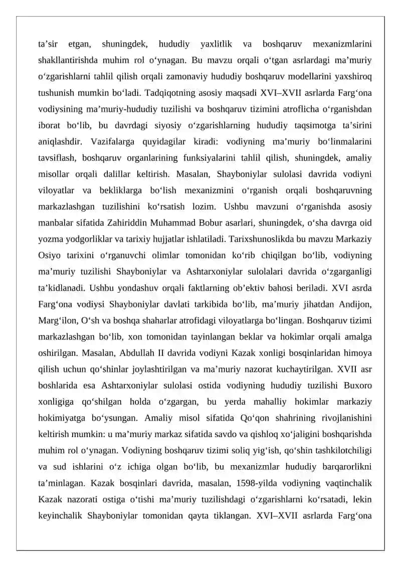 XVI–XVII asrda Farg‘ona vodiysining ma’muriy-hududiy tuzilishi va boshqaruv tizimi 2