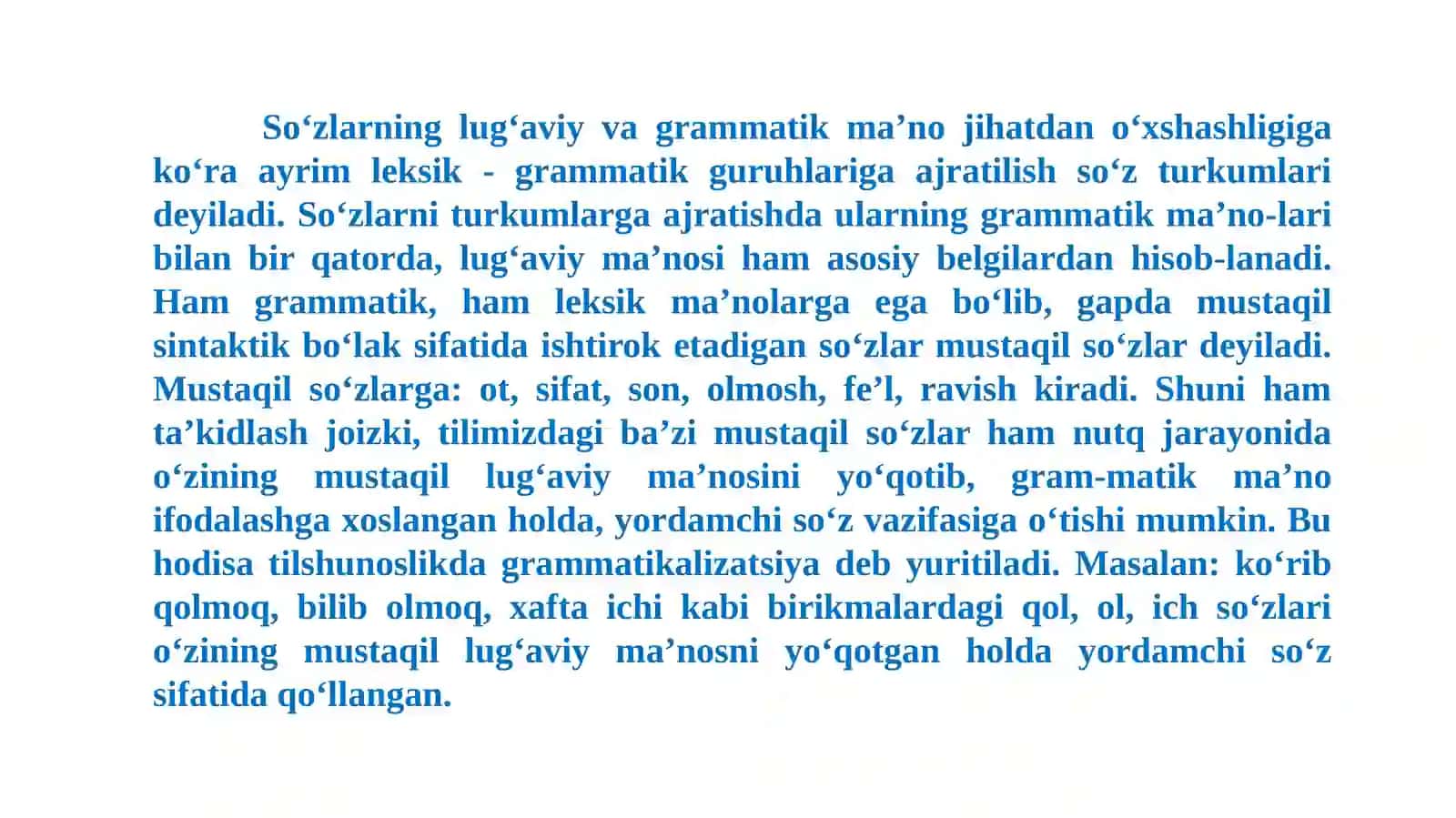 So'z turkumlarining leksik va grammatik ma'nosi ustida ishlash. O`quvchilarda asosiy sintaktik tushunchalarni shakllantirishning shart-sharoitlari 2