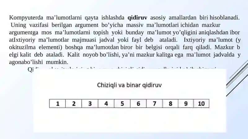 Qidiruv algoritmlari: chiziqli va binary qidiruv. Hesh funksiya va heshlash algoritmlarini tuzish 2