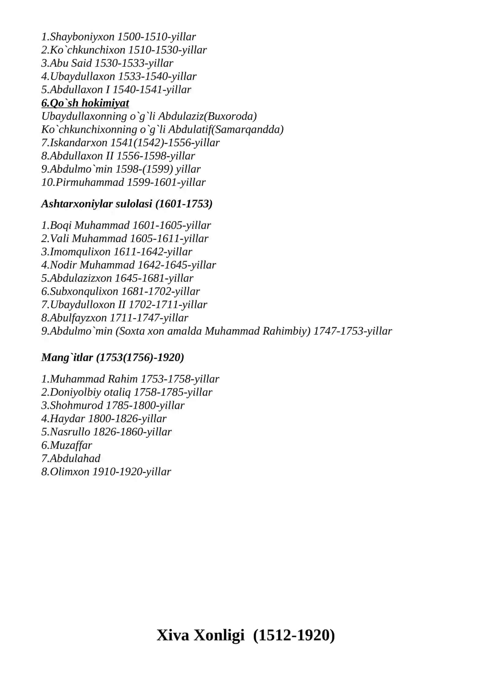 O‘zbek xonliklarini boshqargan sulolalar va hukmdorlar 2