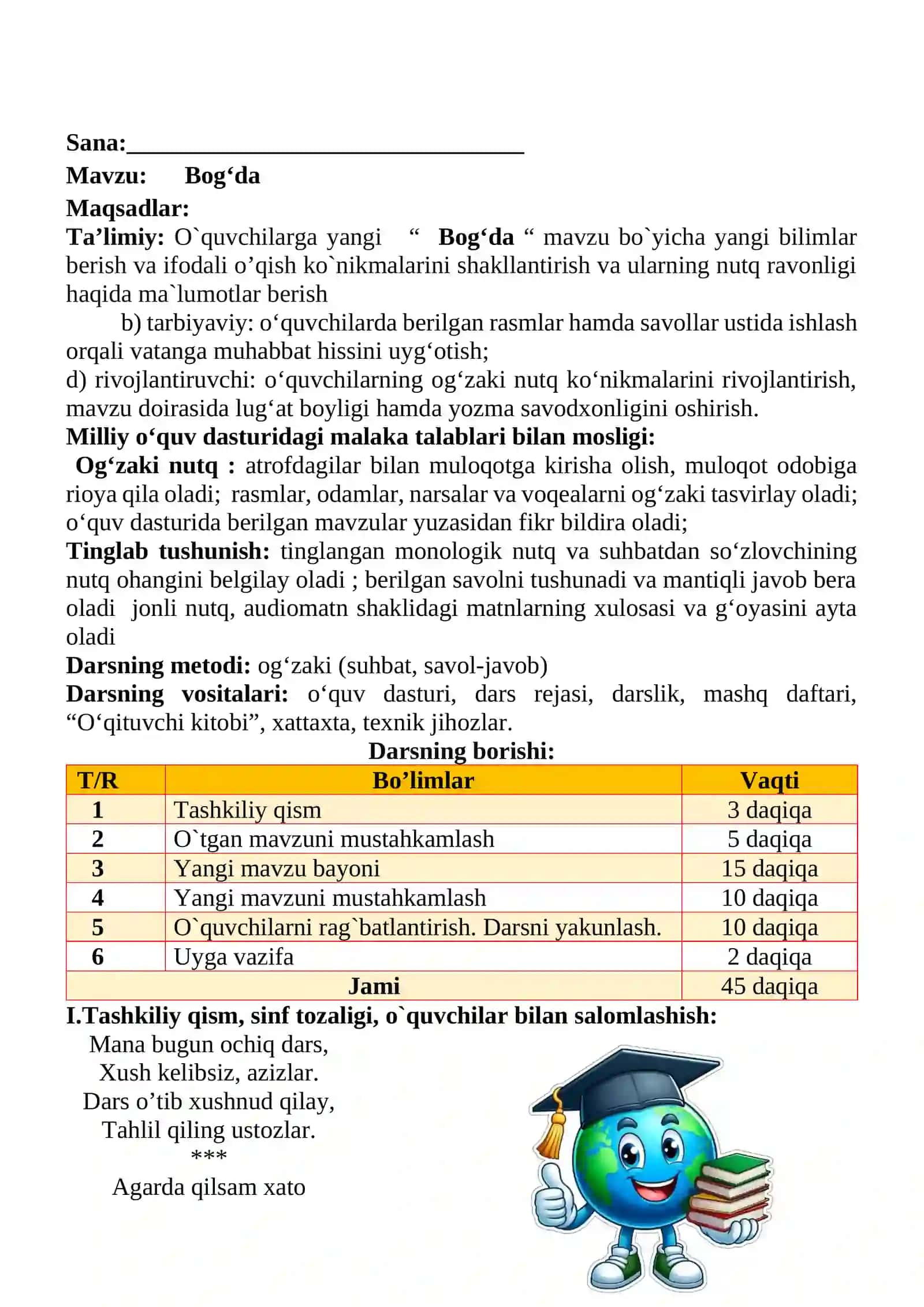 Bog‘da mavzusida 2-sinf O'qish fanidan dars ishlanmasi 2