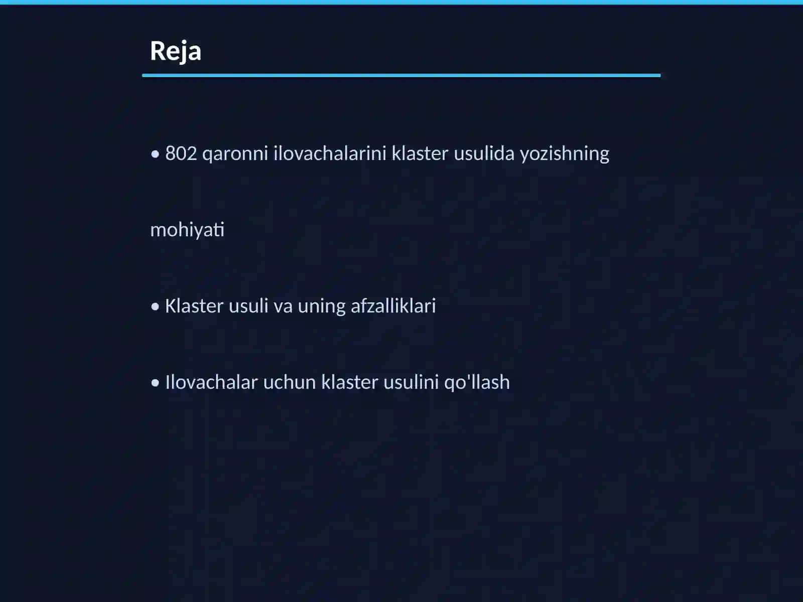802 qaronni ilovachalarini klaster usulida yozishni ham bajara olarmikina 2