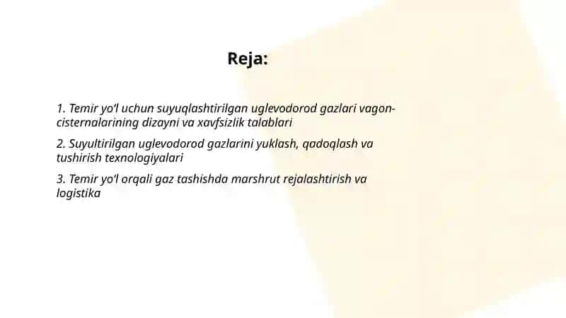 Temir yo‘l uchun suyuqlashtirilgan uglevodorod gazlari vagon-cisternalarining dizayni va xavfsizlik talablari by Abdullayeva Komila 2