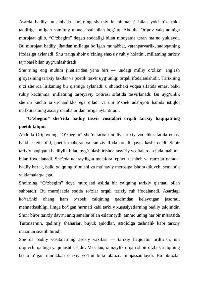 ABDULLA ORIPOVNING OʻZBEGIM SHEʼRIDA BADIIY MUSHOHADA VA TARIXIY FAKT UYGʻUNLIGI 2