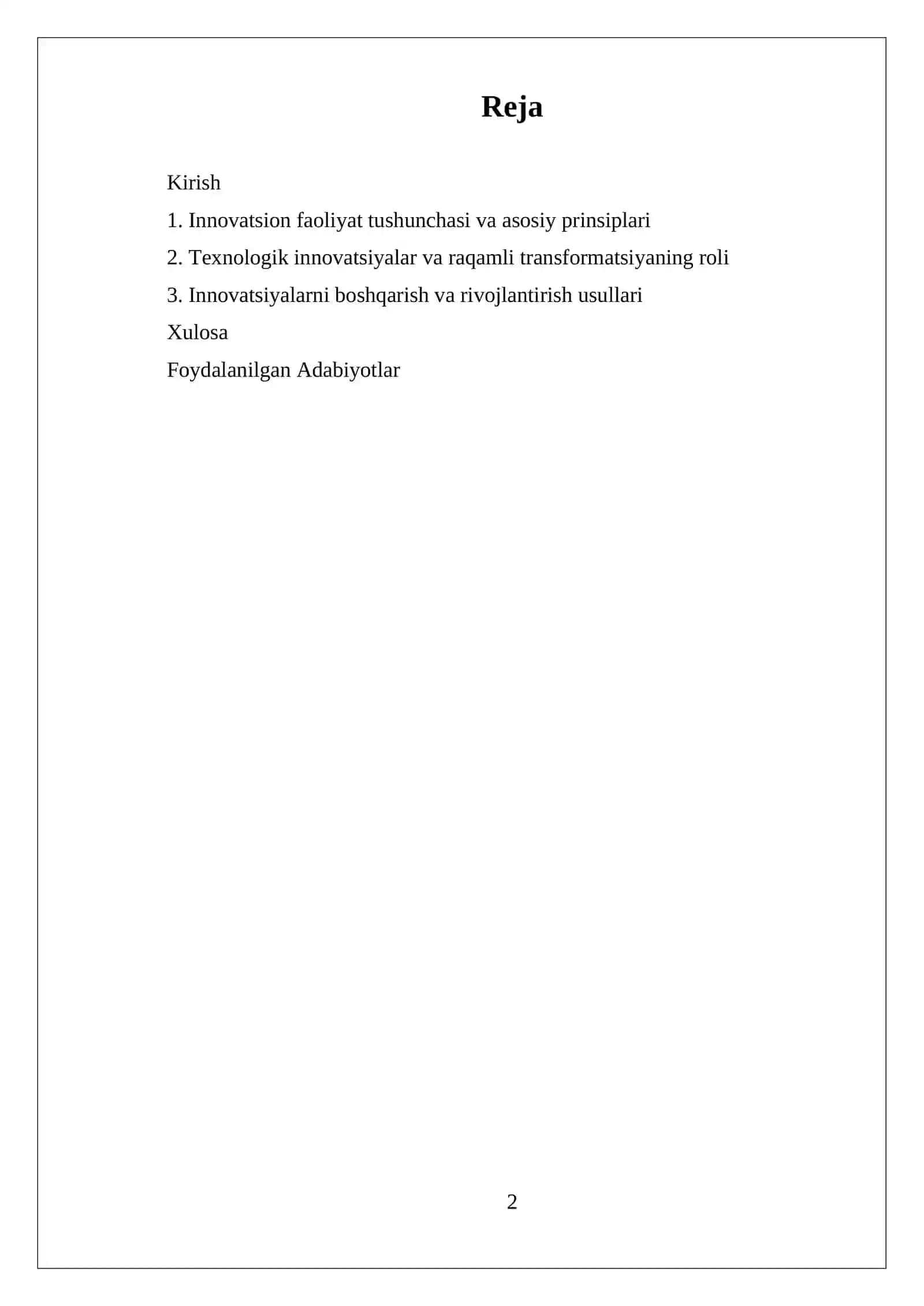 MUSTAQIL ISH IQTISODIYOTNNI MODERNIZATSIYALASH SHAROITIDA KORXONANING INNOVATSION FAOLIYATI SAMARADORLIGINI OSHIRISH 2