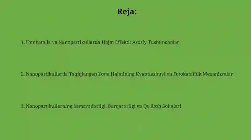 Fotokataliz va Nanopartikullarda Hajm Effektining Asosiy Tushunchalari 2