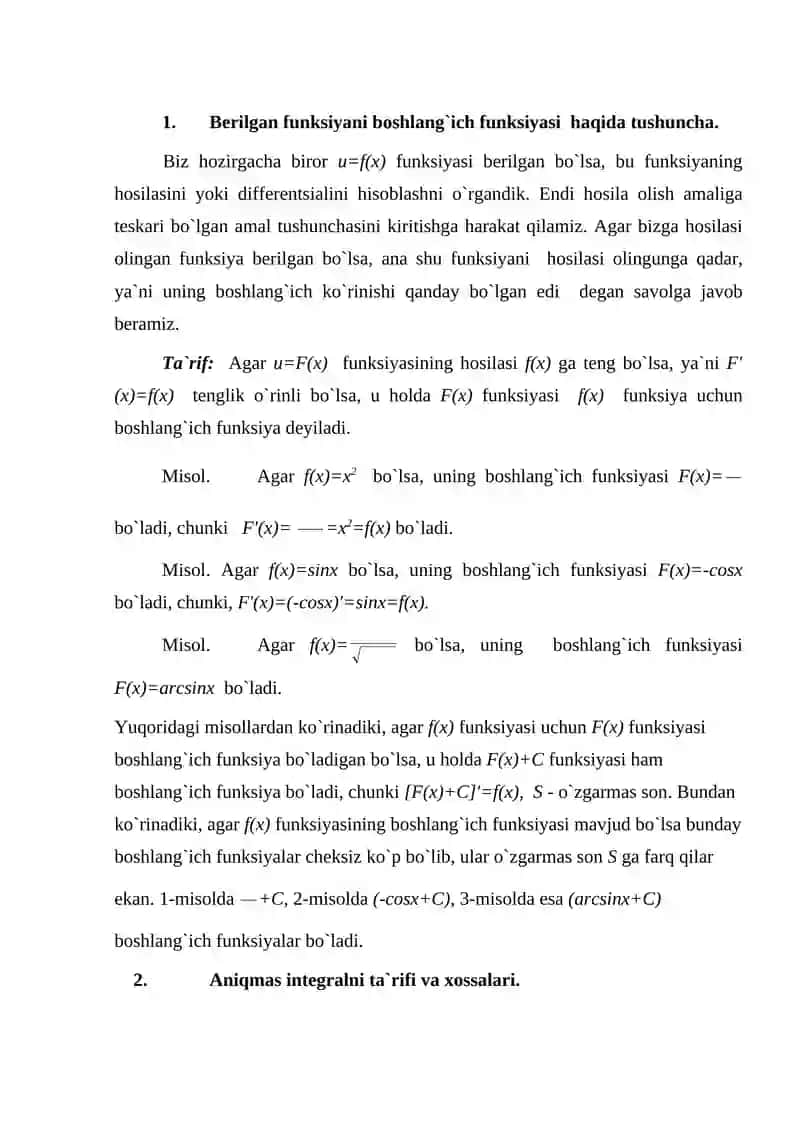 Boshlang`ich funksiya va aniqmas integral. Aniqmas integralning asosiy xossalari 2
