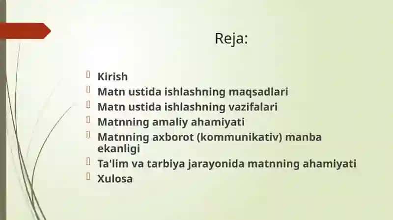 Boshlang'ich ta'limda matn ustida ishlash orqali o'quvchilarning mustaqil fikrlash qobilyatini o'stirish bo'yicha dars ishlanmasi namunasi yaratish 2