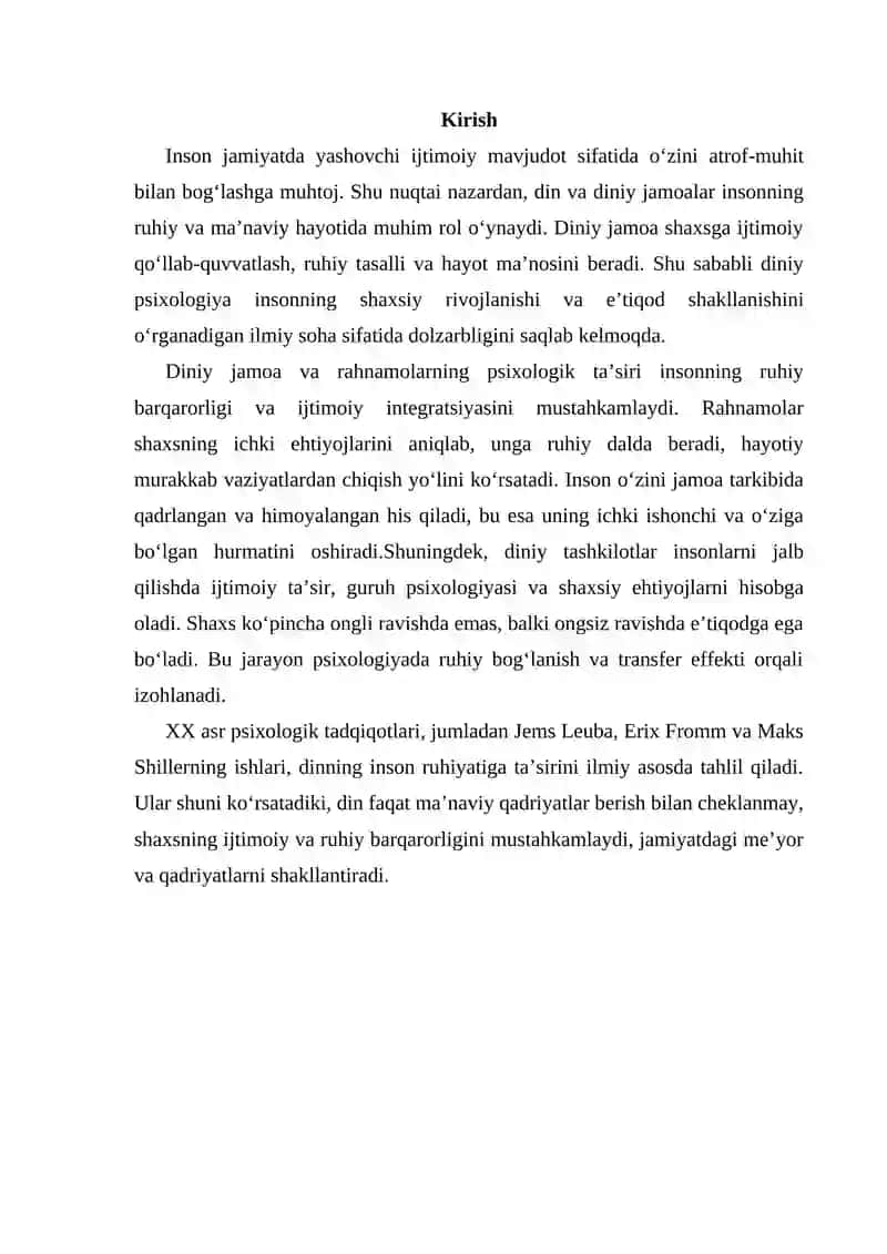 Mavzu: Insonning diniy jamoaga qo‘shilishi va uning psixologik tomonlari 2