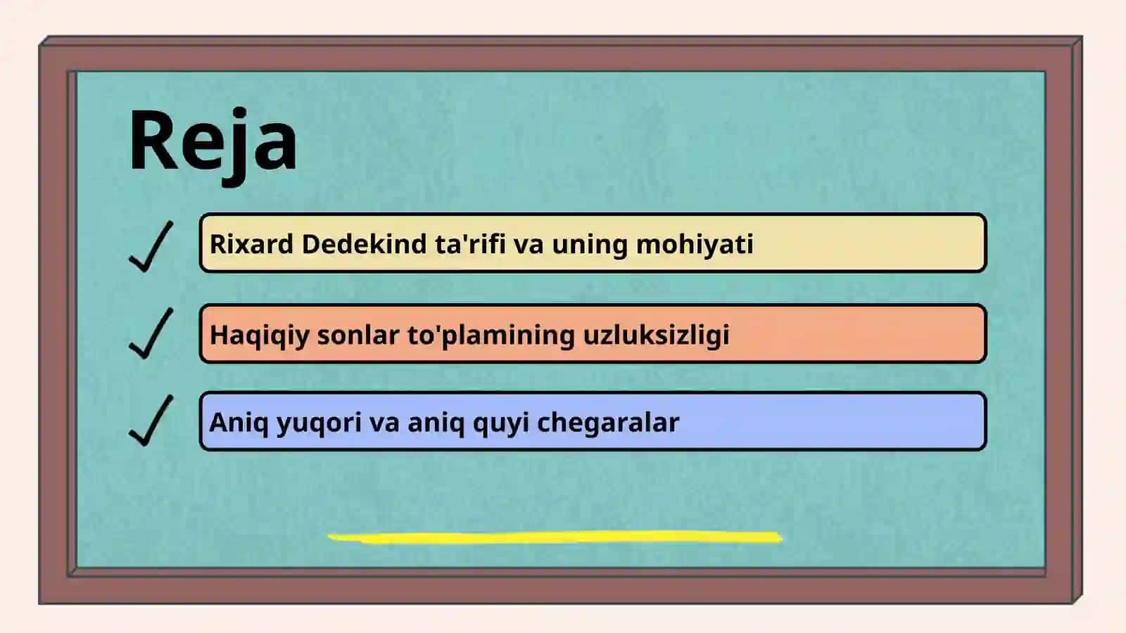 Irratsional sonning tarifi (Rixard Dedekind tarifi boʻyicha).Haqiqiy sonlar toʻplamining uzluksizligi.Sonlar toʻplamining chegaralari.Aniq yuqori va aniq quyi chegaralar.Berngard Bolsano teoremasi. 2