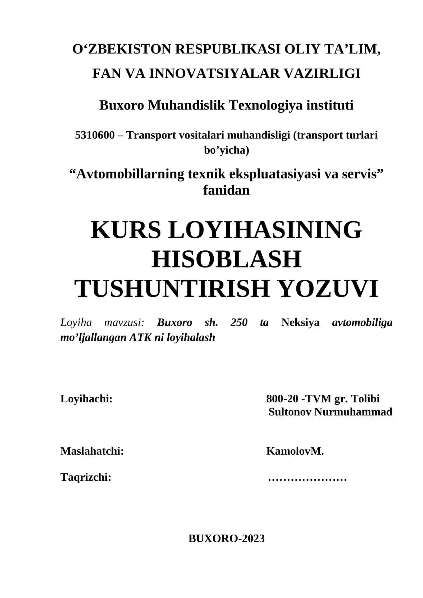 Avtomobillarning texnik ekspluatasiyasi va servis kurs loyihasi 2