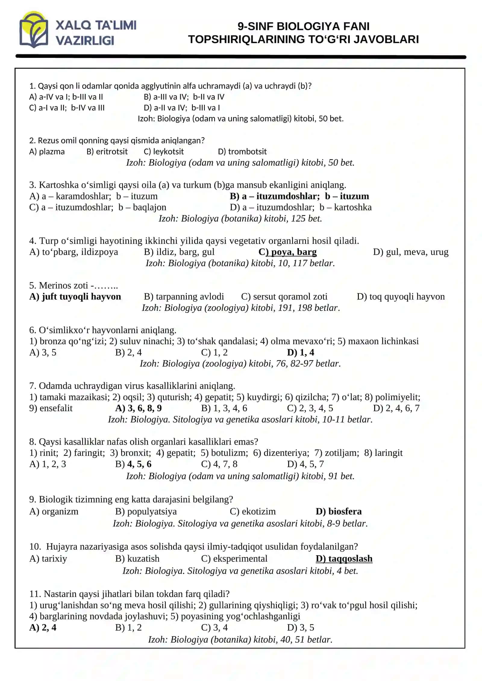 9-SINF BIOLOGIYA FANI TOPSHIRIQLARINING TO‘G‘RI JAVOBLARI 2