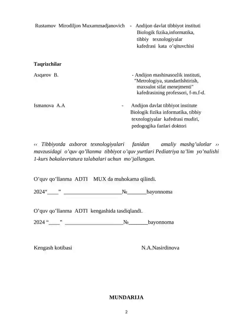 Tibbiyotda axborot texnologiyalari fanidan amaliy mashg’ulotlar 2