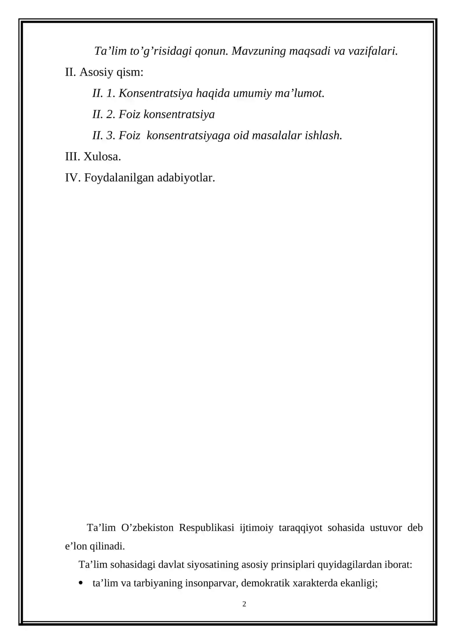 FOIZ KONSENTRATSIYALI ERITMALARIGA OID MASALALAR YECHISH 2