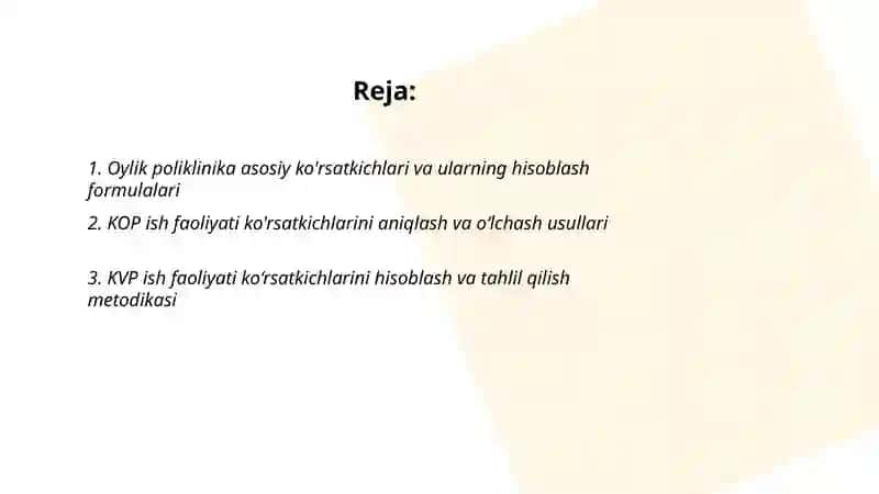 Kop va KVP ish faoliyatining asosiy ko'rsatkichlarini hisoblash va tahlil qilish usullari 2