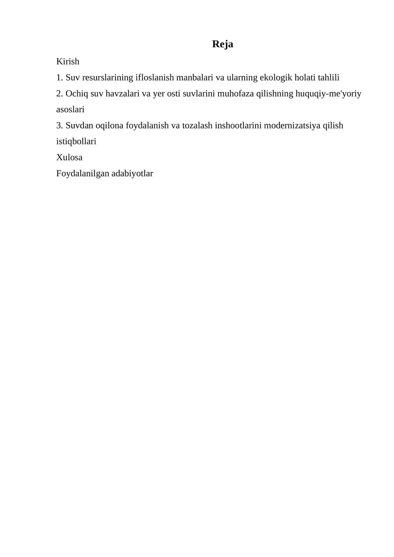 Suv resurslarini muhofaza qilish Referat 2