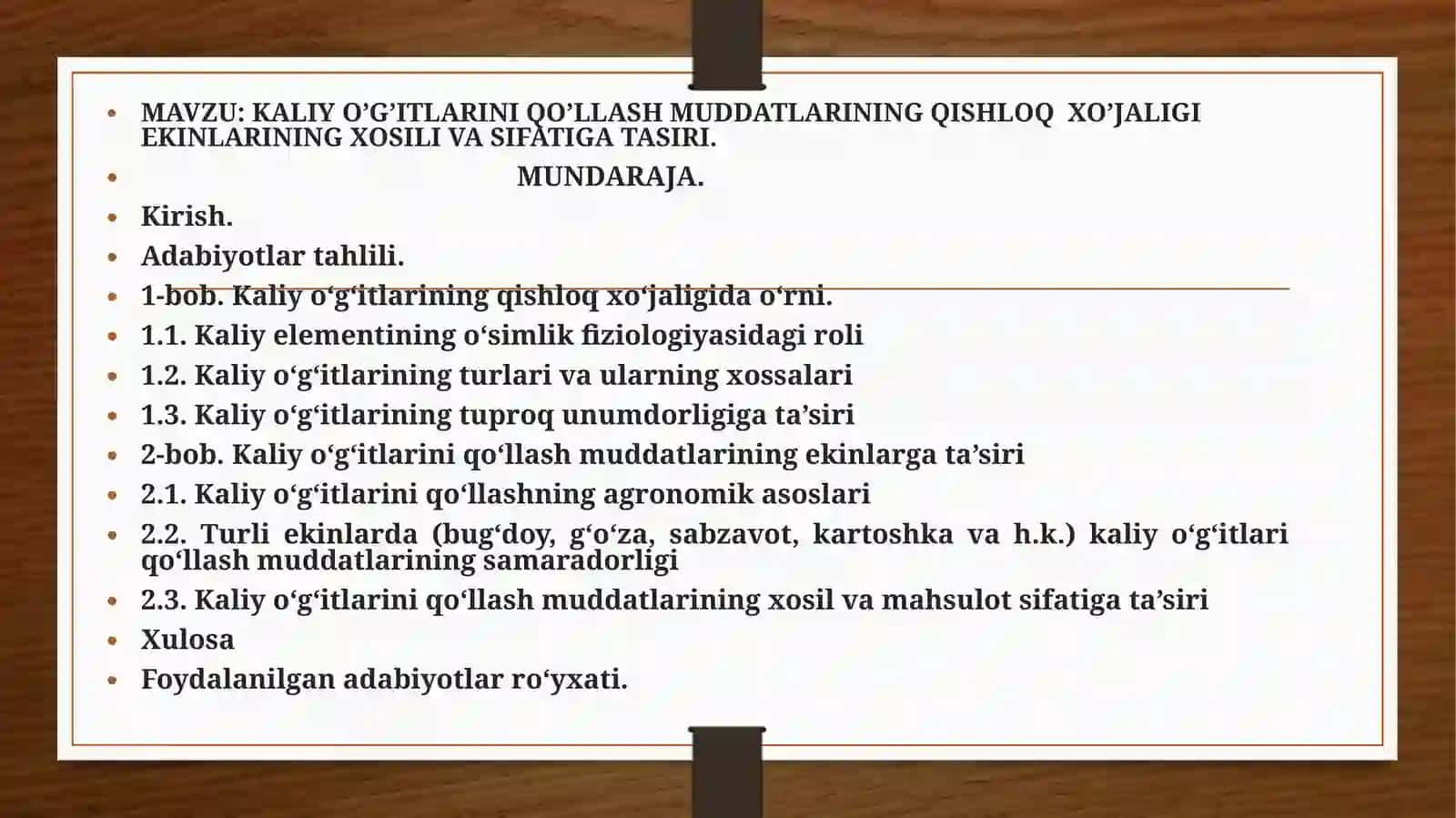 KALIY O’G’ITLARINI QO’LLASH MUDDATLARINING QISHLOQ XO’JALIGI EKINLARINING XOSILI VA SIFATIGA TASIRI 2