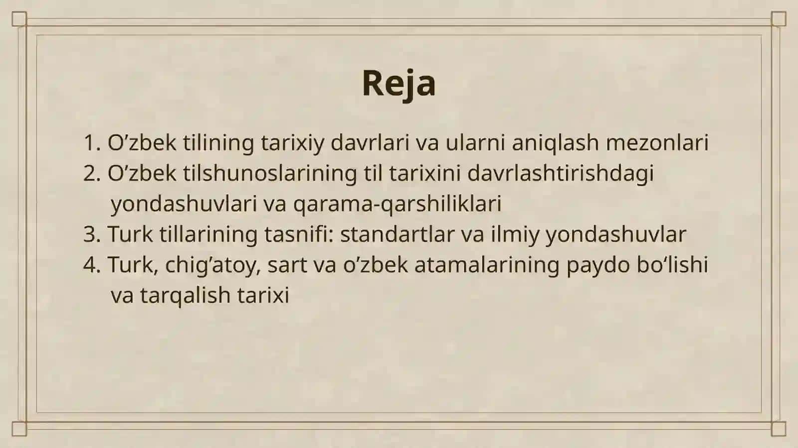O’ZBEK TILI TARIXINI DAVRLASHTIRISH XUSUSIDA O’ZBEK TILSHUNOSLARI DUNYOQARASHI VA TURKIY TILLAR TASNIFI. TURK, CHIG’ATOY, SART, O’ZBEK ATAMALARINING QO’LLANISH TARIXI VA ILMIY ASOSLANISHI 2