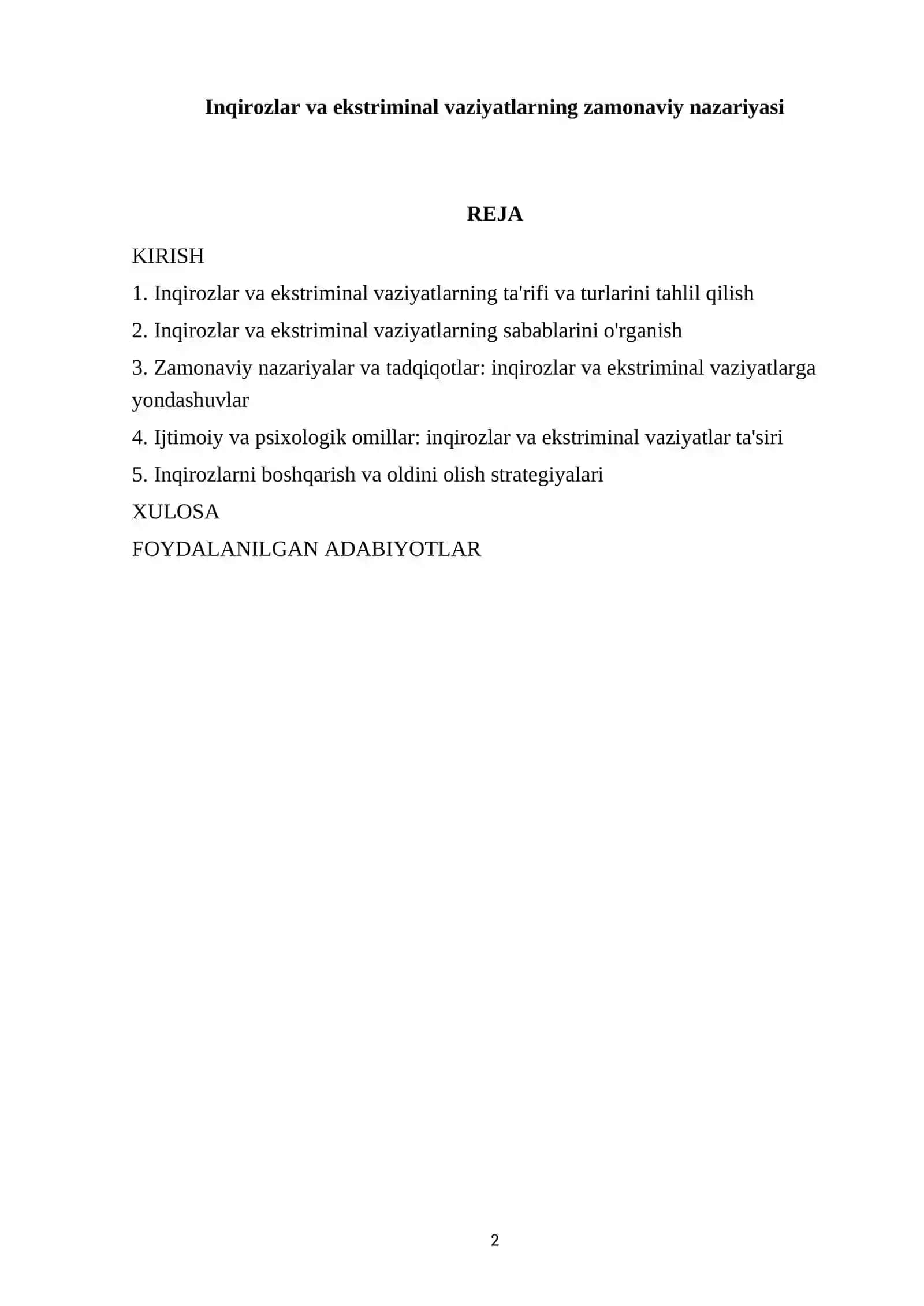 Inqirozlar va ekstriminal vaziyatlarning zamonaviy nazariyasi 2