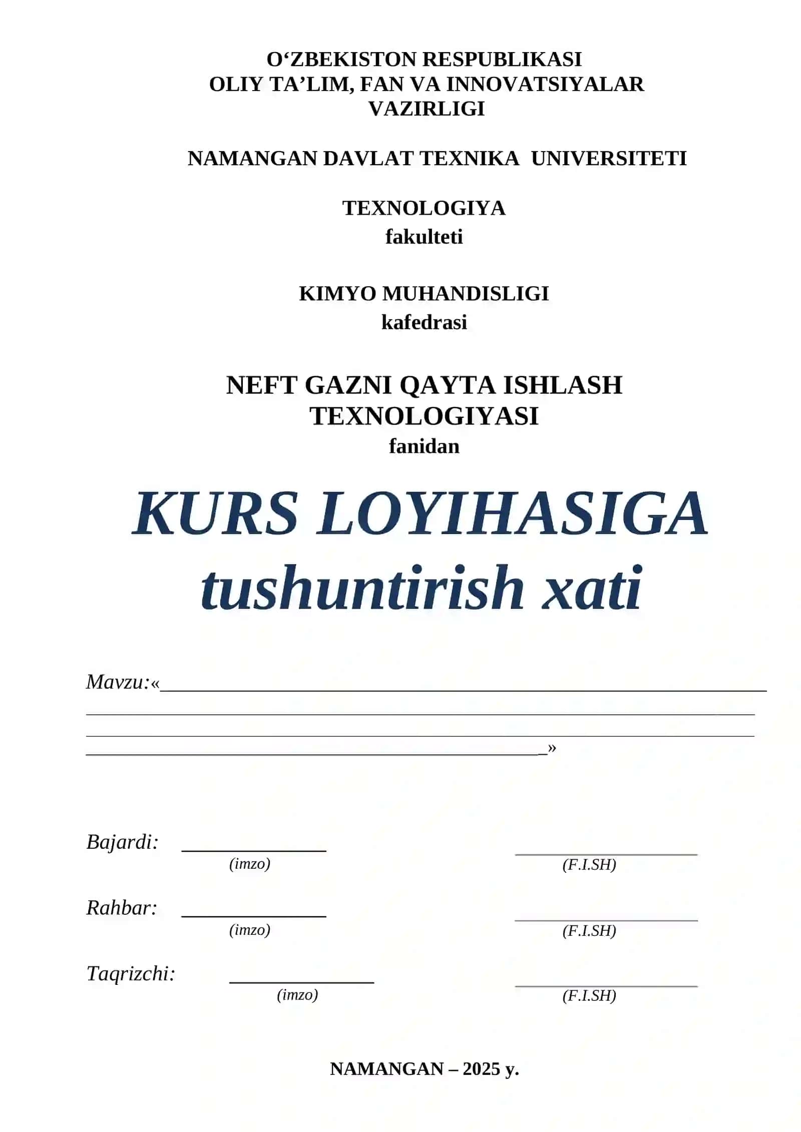 Kurs Loyihasi Neft Gazni Qayta Ishlash Texnologiyasi 2
